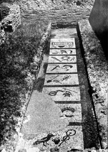 The mosaic floor at the Mithraeum of Felicissimus at Ostia.